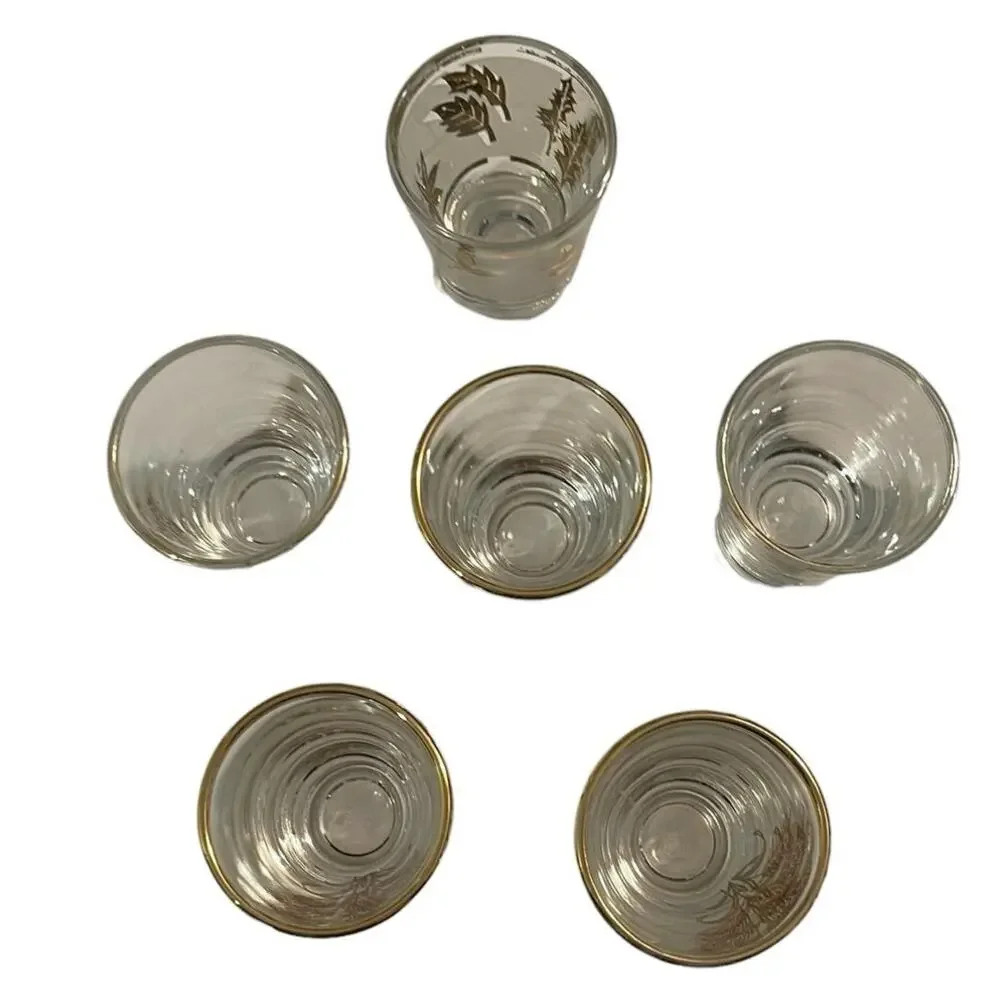 Vintage MCM Shot Glasses Set of 6 Anchor Hocking and Libbey Clear & Gold Wheat